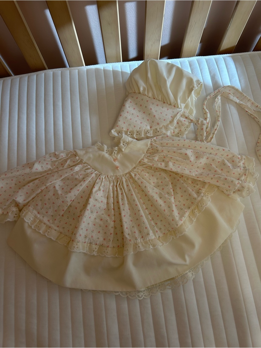 Handmade Vintage Cream & Pink Floral Baby Dress with Underdress, Matching Bonnet